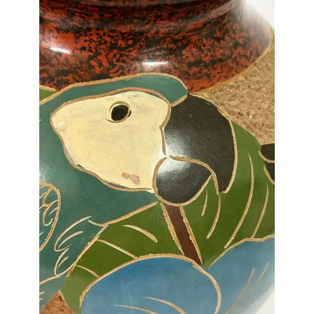 Handcrafted Ceramic Folk Art Vase Parrot & Fish Design Green Blue Red Cost Rica - Picture 6 of 10